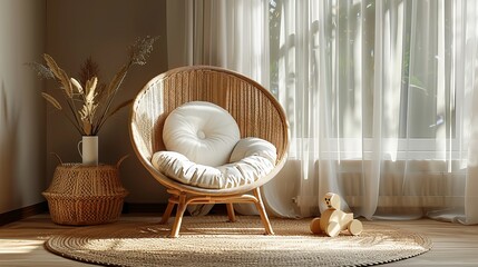 A wicker peacock chair adorned with a pillow, along with an armchair and toy, set in a beige and wooden baby bedroom interior.