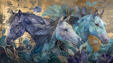 Art, watercolor, paint, sanlian, leaves, gold element, fauna, plants, flowers, horses, geometry, feathers, three figure