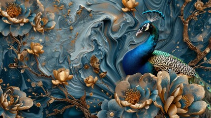 Obraz na płótnie Canvas Background of abstract art with floral plants, branches, peacocks, gold. Textured background 3D. Wallpapers. Posters. Cards. Murals. Prints.