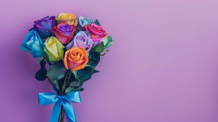 Bouquet of colorful rainbow colored roses decorated with blue silky ribbon tie isolated on lilac background with copy space, concept of birthday, Valentine, Christmas, pride, mother's day celebration - obrazy, fototapety, plakaty