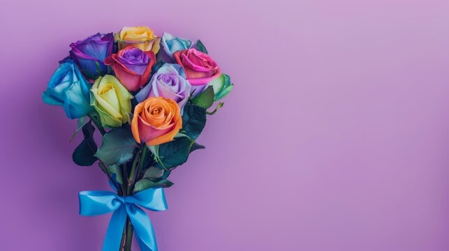 Bouquet of colorful rainbow colored roses decorated with blue silky ribbon tie isolated on lilac background with copy space, concept of birthday, Valentine, Christmas, pride, mother's day celebration