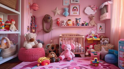 Adorable pink room brimming with whimsical stuffed animals and delightful toys, creating a cozy haven for imaginative play. - obrazy, fototapety, plakaty