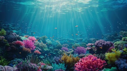 Fototapeta na wymiar A vibrant coral reef beneath the ocean's surface, teeming with life and color. The clarity of the water reveals the intricate details of the coral and the diversity of marine life that calls it home. 