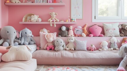 Adorable pink room brimming with whimsical stuffed animals and delightful toys, creating a cozy haven for imaginative play. - obrazy, fototapety, plakaty