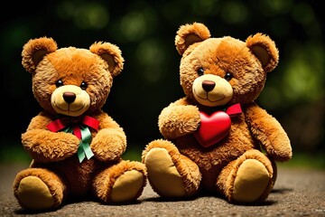 Two teddy bears sitting next to each other, one with a red heart on its chest.