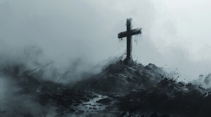 a black cross lies on a hill on the ground in a smoky fog - obrazy, fototapety, plakaty