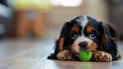 Adorable puppy lying on the floor, chewing on a green toy. Perfect for pet shop or veterinary clinic ads.