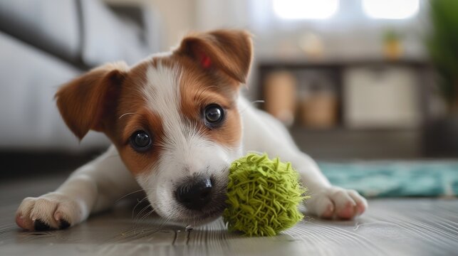 Adorable puppy lying on the floor, chewing on a green toy. Perfect for pet shop or veterinary clinic ads.
