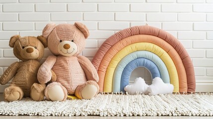 Adorable toys for little ones! From cuddly teddy bears to playful wooden rainbows, we've got everything to keep your child entertained and engaged. - obrazy, fototapety, plakaty