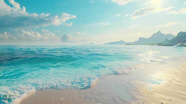 An idyllic summer beach scene rendered in 3D, featuring a tranquil blue background that evokes the serenity of a peaceful day by the ocean.