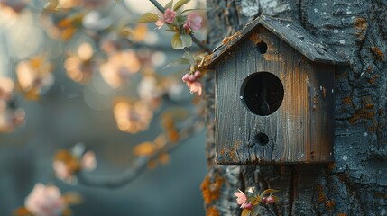 An aged wooden birdhouse rests on a cherry tree in a farm park, serving as a simple yet effective shelter for bird breeding. - obrazy, fototapety, plakaty