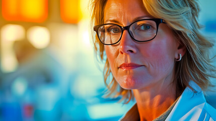 Elegance middle aged female doctor with blonde hair and glasses.