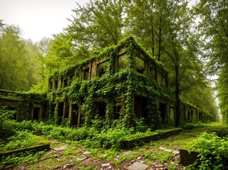 An abandoned building in the middle of a dense forest.