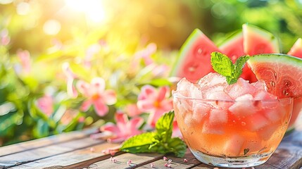 Refreshing chilled watermelon pieces in a glass bowl garnished with mint on a sunny day.