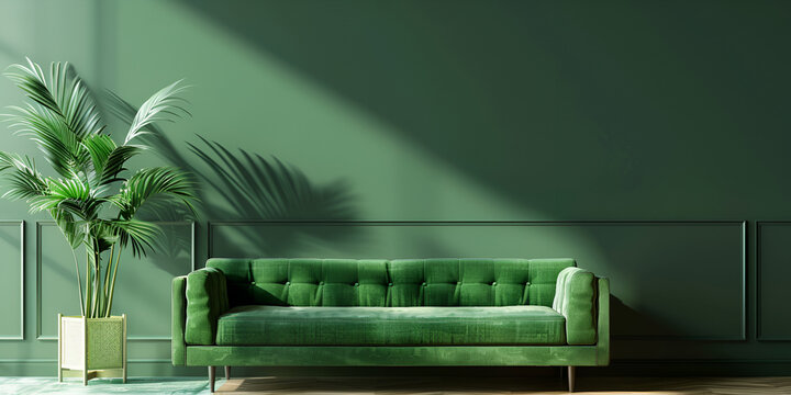 Retro Classic Living Room Interior with Brown Sofa and Green Wall 