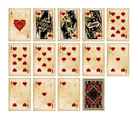 Playing cards of Hearts suit in vintage engraving style on grunge old shabby yellowed paper background isolated on white. Original retro design. Vector 
illustration