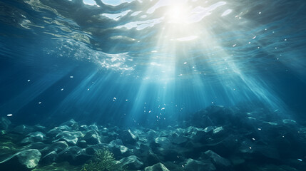Underwater Seascape with Sunrays and Rocks - obrazy, fototapety, plakaty