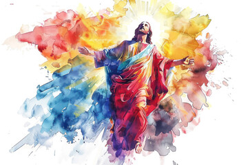 Colorful watercolor of Jesus Christ ascending to heaven with glowing light