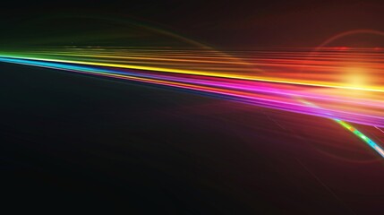 Black background with rainbow flare overlay and copy space for text. Colorful streaks of light, vibrant colors on dark background