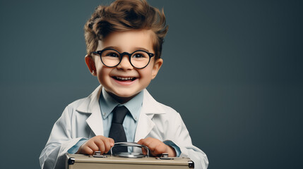 Fototapeta premium Cheerful Young Boy with Stethoscope and Clipboard