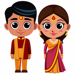 Cartoon bride and groom in Indian national costumes. Vector illustration isolated on white