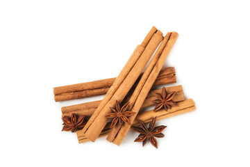 Ceylon cinnamon sticks and anise isolated on white background.Cinnamon roll and star anise. Spicy spice for baking, desserts and drinks. Fragrant ground cinnamon.Place for text. copy space.