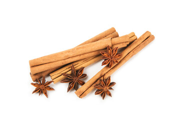 Ceylon cinnamon sticks and anise isolated on white background.Cinnamon roll and star anise. Spicy spice for baking, desserts and drinks. Fragrant ground cinnamon.Place for text. copy space.