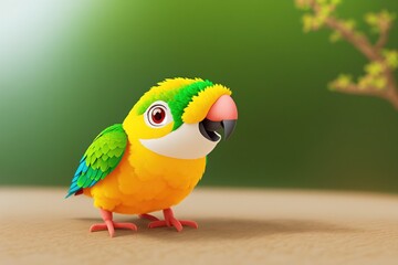 A yellow and green parrot standing on a rock. - obrazy, fototapety, plakaty