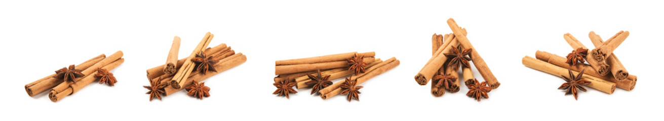 Ceylon cinnamon sticks and anise isolated on white background.Cinnamon roll and star anise. Spicy...