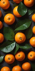 Fresh orange with green leaves on dark. Food background. Top view
