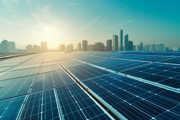Fototapeta na wymiar Solar panel array with a city skyline, depicting urban renewable energy generation and sustainable development