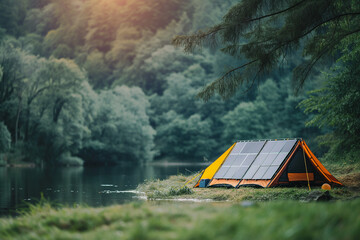 Tent with solar panel on a lakeside, illustrating sustainable travel and energy use in natural settings