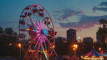 A towering Ferris wheel illuminated with colorful lights against the backdrop of a dusky summer evening, offering riders breathtaking views of the carnival below and the surrounding cityscape