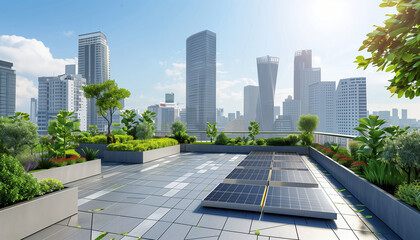 Rooftop solar panels amidst urban greenery, highlighting sustainable practices in modern cityscapes