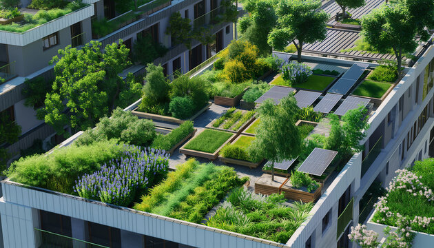 Rooftop garden with solar panels on urban buildings, representing green spaces and sustainable energy in city living