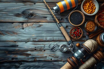 A set of fishing tackles and fishing rods on the table.
