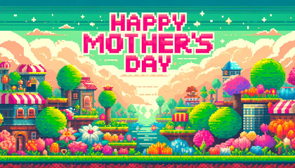Step into a colorful pixelated town celebrating Mother's Day, complete with blooming flowers and festive decorations to honor all moms in a nostalgic 8-bit style