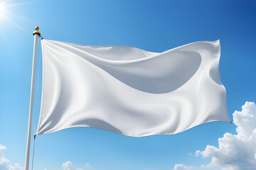 White flag blank waving in a mockup template design, with a blue clear sky with some clouds design.
