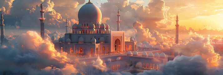 Mosque above the clouds ,
Ramadan mosque in clouds
