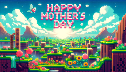 Embark on a digital landscape adventure with this Mother's Day pixel art design, featuring vibrant blooms and serene nature scenes for a modern celebration
