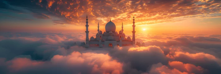 Fotobehang Mosque above the clouds , Fantasy view of mosque above clouds in sunset scenery  © Baloch