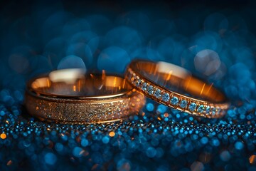 Two Gold Wedding Rings on Blue Glitter - obrazy, fototapety, plakaty