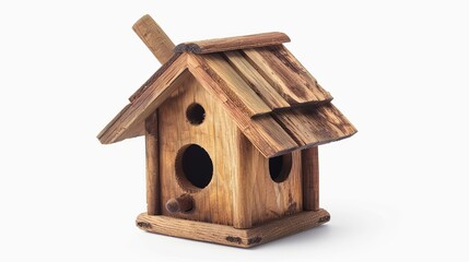 Isolated wooden birdhouse against a white background.