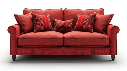 Isolated on white, a red two-seat sofa is presented with pillows for added comfort.