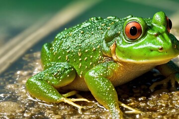 A green frog sitting on a rock in a puddle of water.