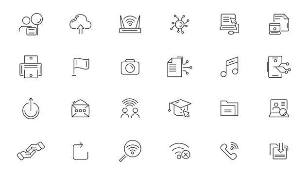 Information technology line icons collection. Devices, internet, server, data, network icons. UI icon set. Data center, website, social media, SEO business, e-commerce, support, computer and mobile