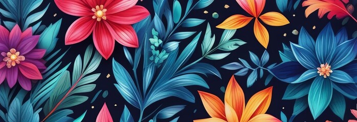 Image features striking contrast between vivid colors of flowers, dark backdrop, creating visually appealing, dramatic composition. For interior design, textiles, clothing, gift wrapping, web design.