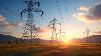 Full length photo high-voltage power lines at sunset, high voltage electric transmission tall tower. Texture high voltage pillar, overhead power line, industrial background. Panorama style. Silhoutte  - obrazy, fototapety, plakaty