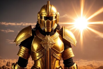 A knight in shining armor standing in the middle of a desert.