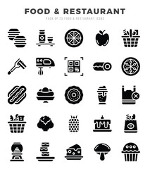 Food and Restaurant Icons bundle. Glyph style Icons. Vector illustration.